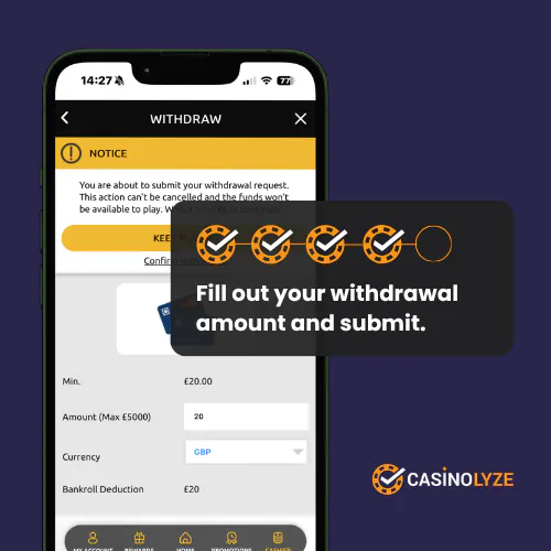 Filling out the withdrawal amount at Megaways Casino