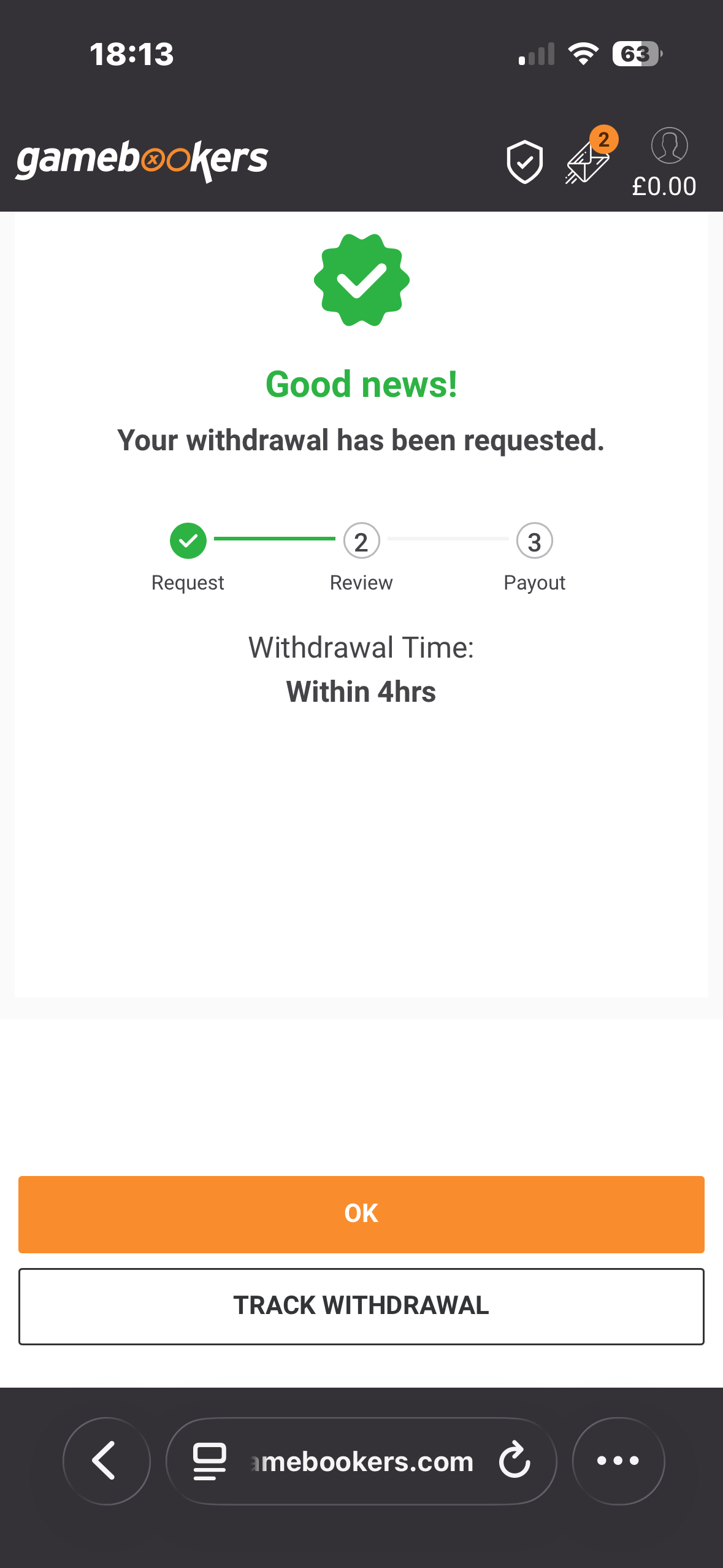 Visa withdrawal test request at Gamebookers