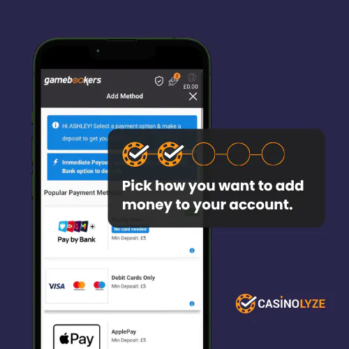 Selecting a payment method at Gamebookers