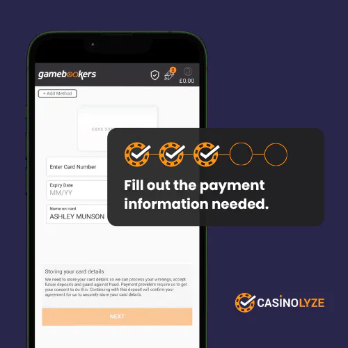 Filling out the payment information needed at Gamebookers