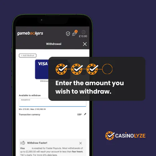 Entering withdrawal amount at Gamebookers