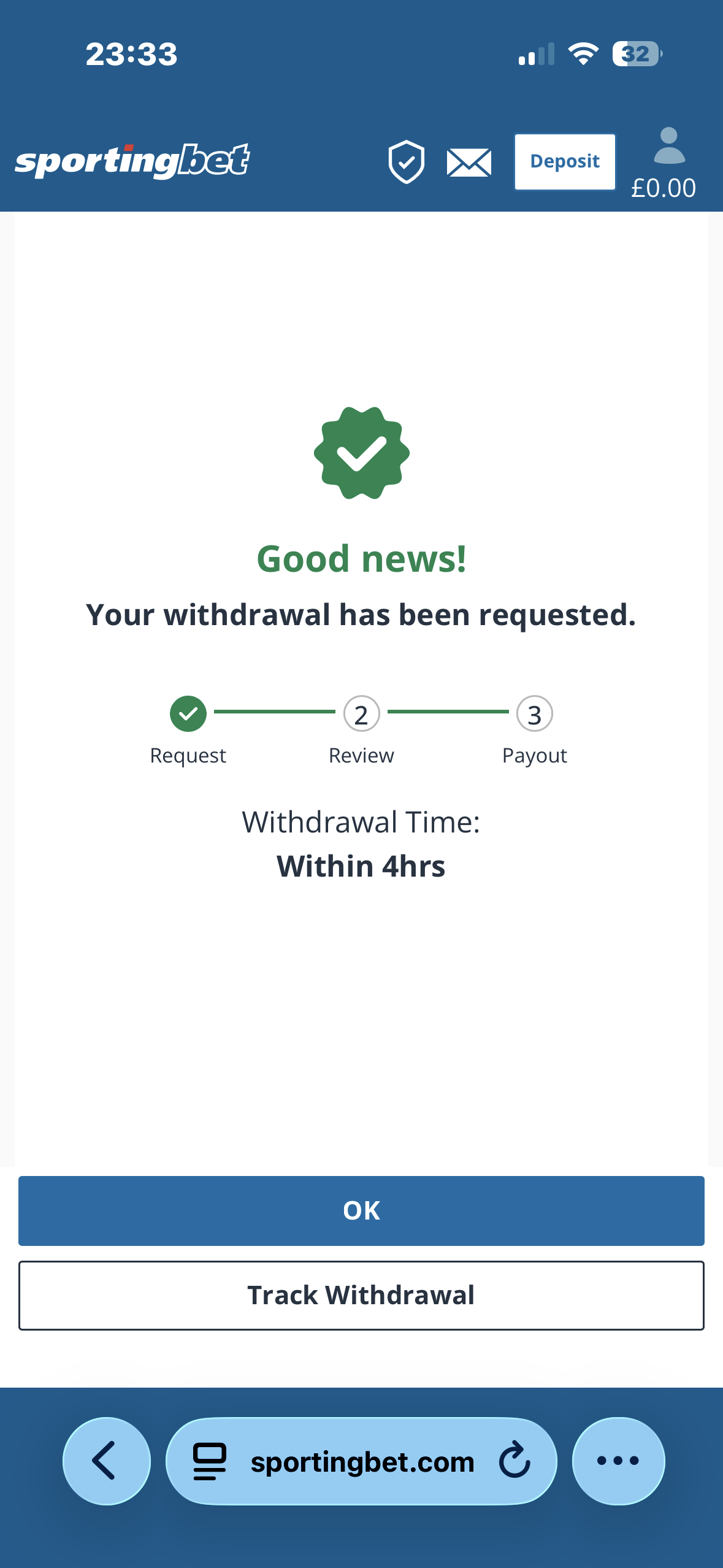 Visa withdrawal test request confirmation at Sportingbet