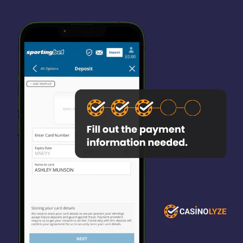 Inputting payment details at Sportingbet