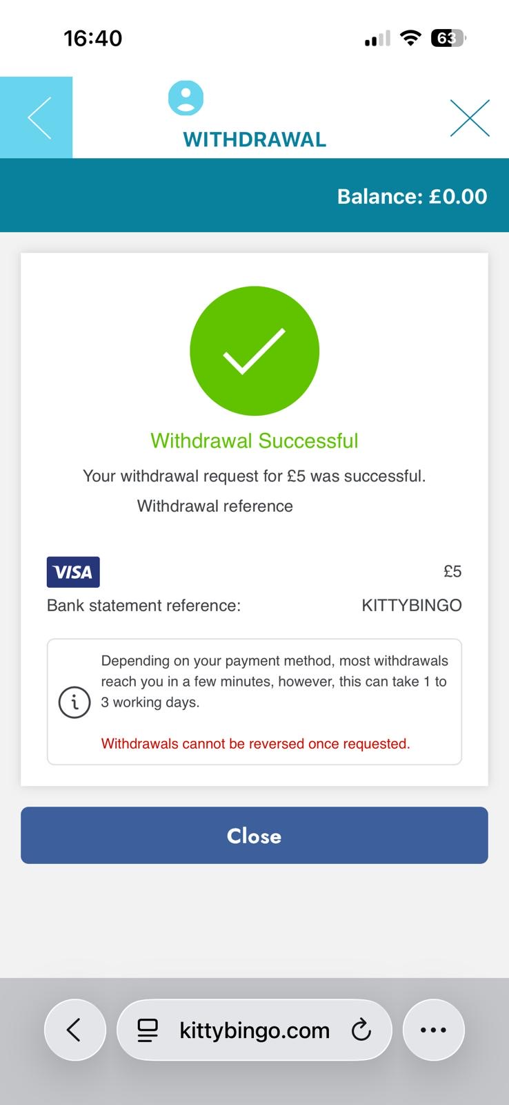 kitty bingo visa withdrawal time test request time