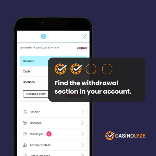Finding the withdrawal section from Kitty Bingo's cashier