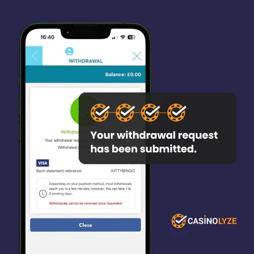 Successful Kitty Bingo withdrawal confirmation