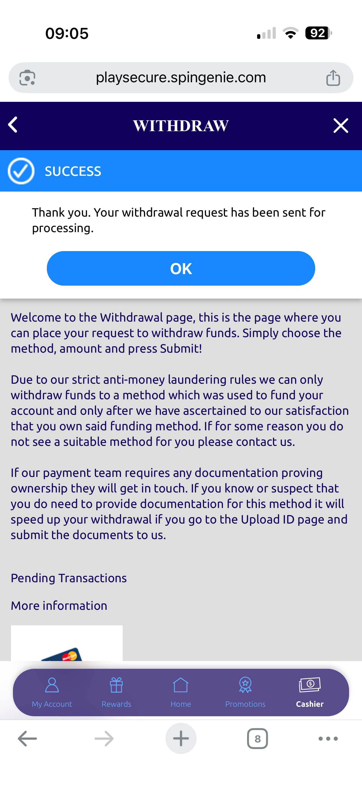 Visa withdrawal test request confirmation at Spin Genie