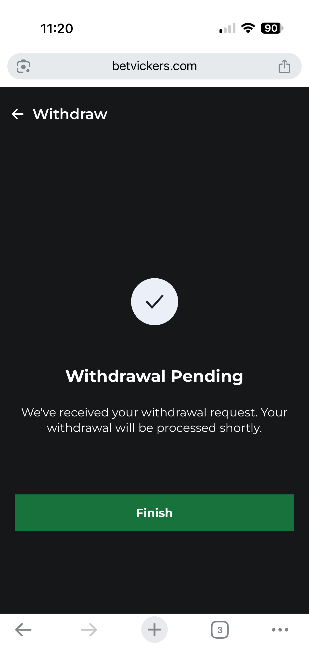 Vickers Bet withdrawal request confirmation screen
