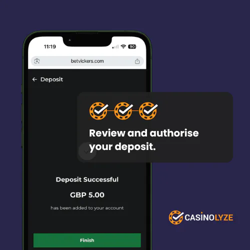 Succesfull deposit confirmation message at Vickers Bet