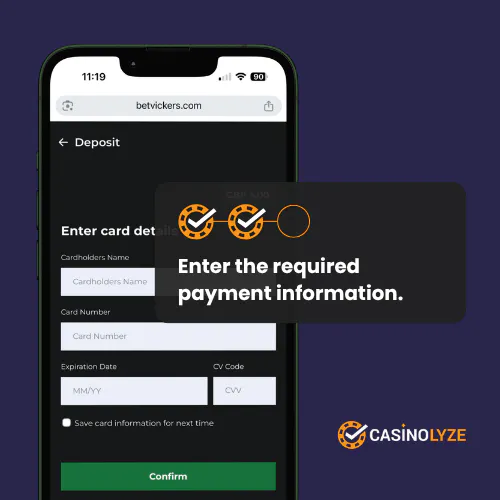 Entering the payment information at Vickers Bet