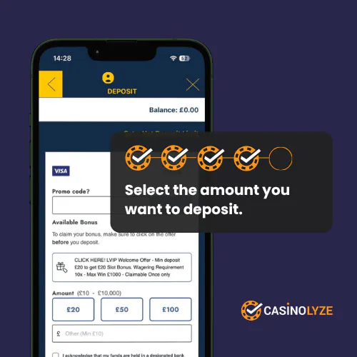 Selecting the deposit amount at Lucky VIP