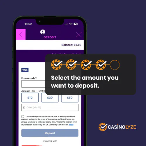 Selecting the deposit amount at Lucky Pants