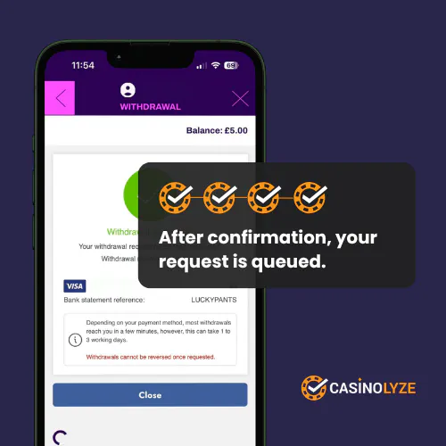 Lucky Pants Bingo withdrawal request confirmation screen