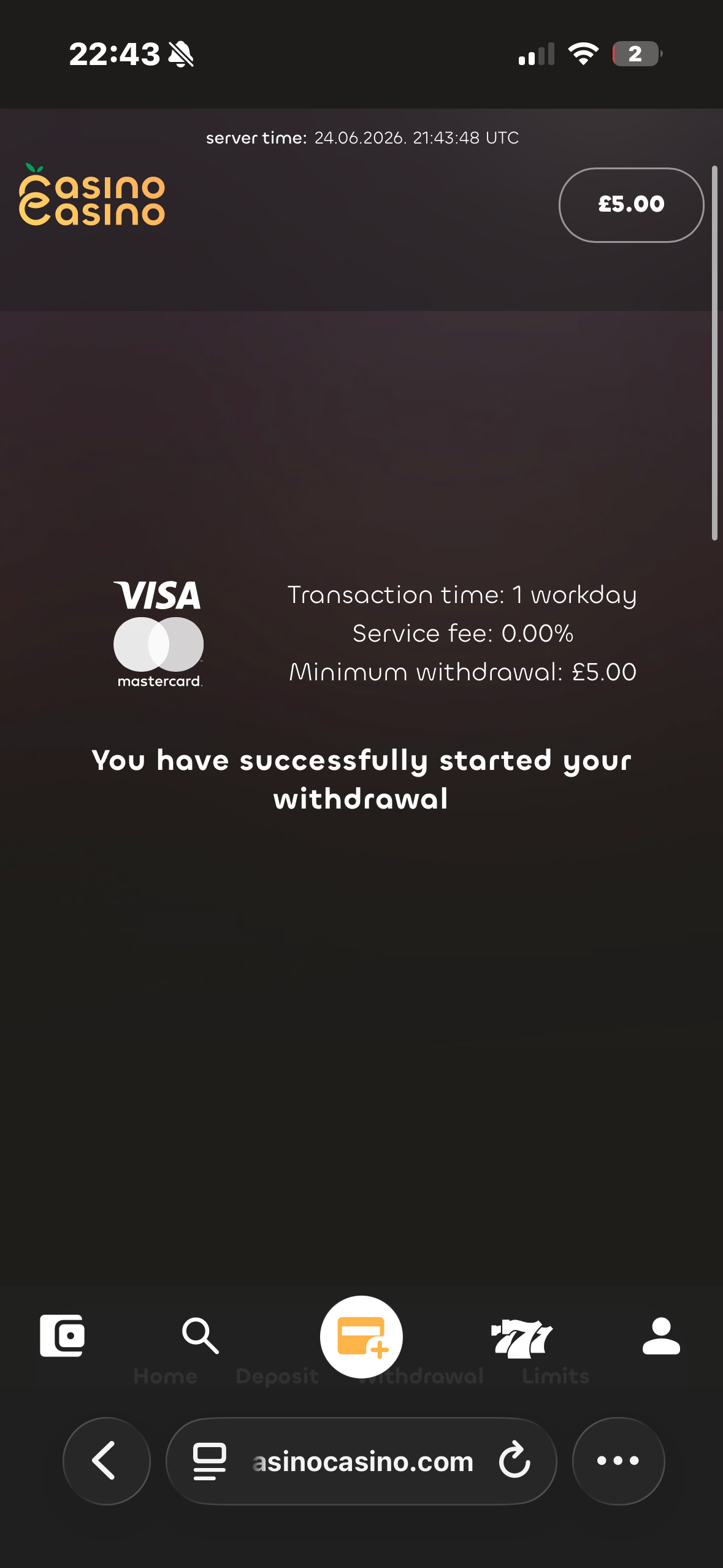 Casino casino Visa withdrawal test request time