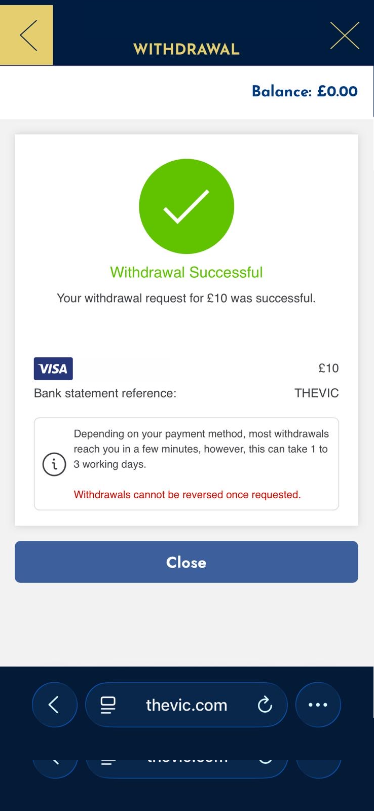 Visa withdrawal test request time at The Vic