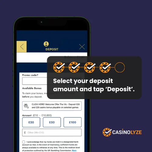 Selecting the deposit amount at The Vic