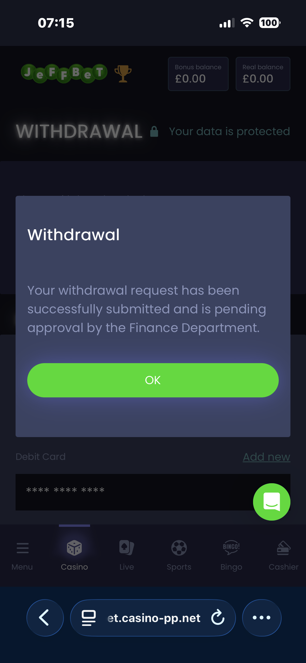 Jeffbet visa withdrawal test request time