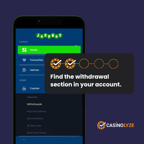 Finding the withdrawal section at your Jeffbet account