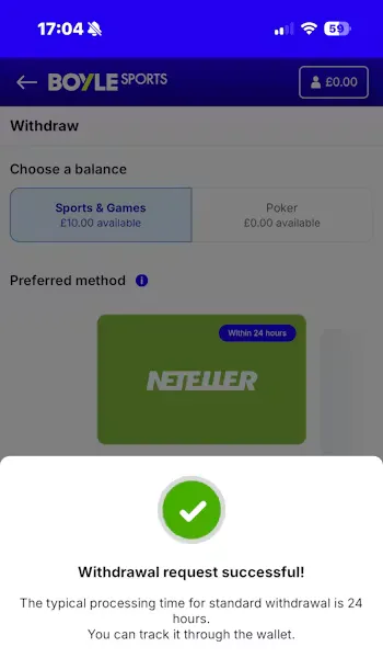 Neteller withdrawal test request time at Boylesports