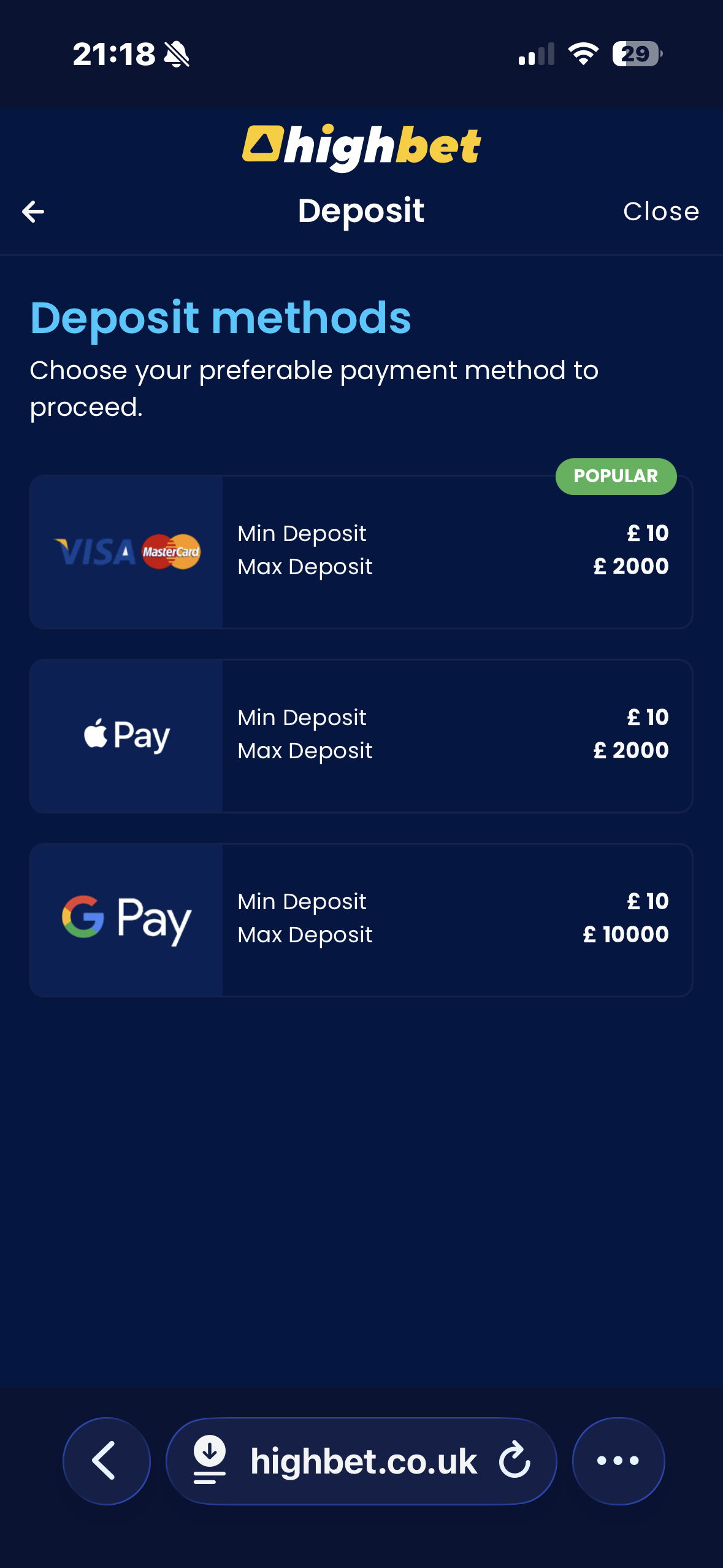 highbet banking screen june 2026