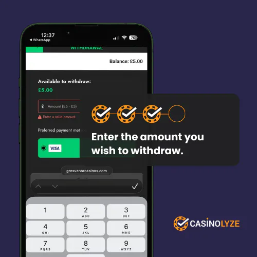 Entering the desired withdrawal amount at Grosvenor casino