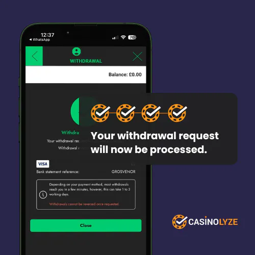Grosvenor casino withdrawal processing confirmation message