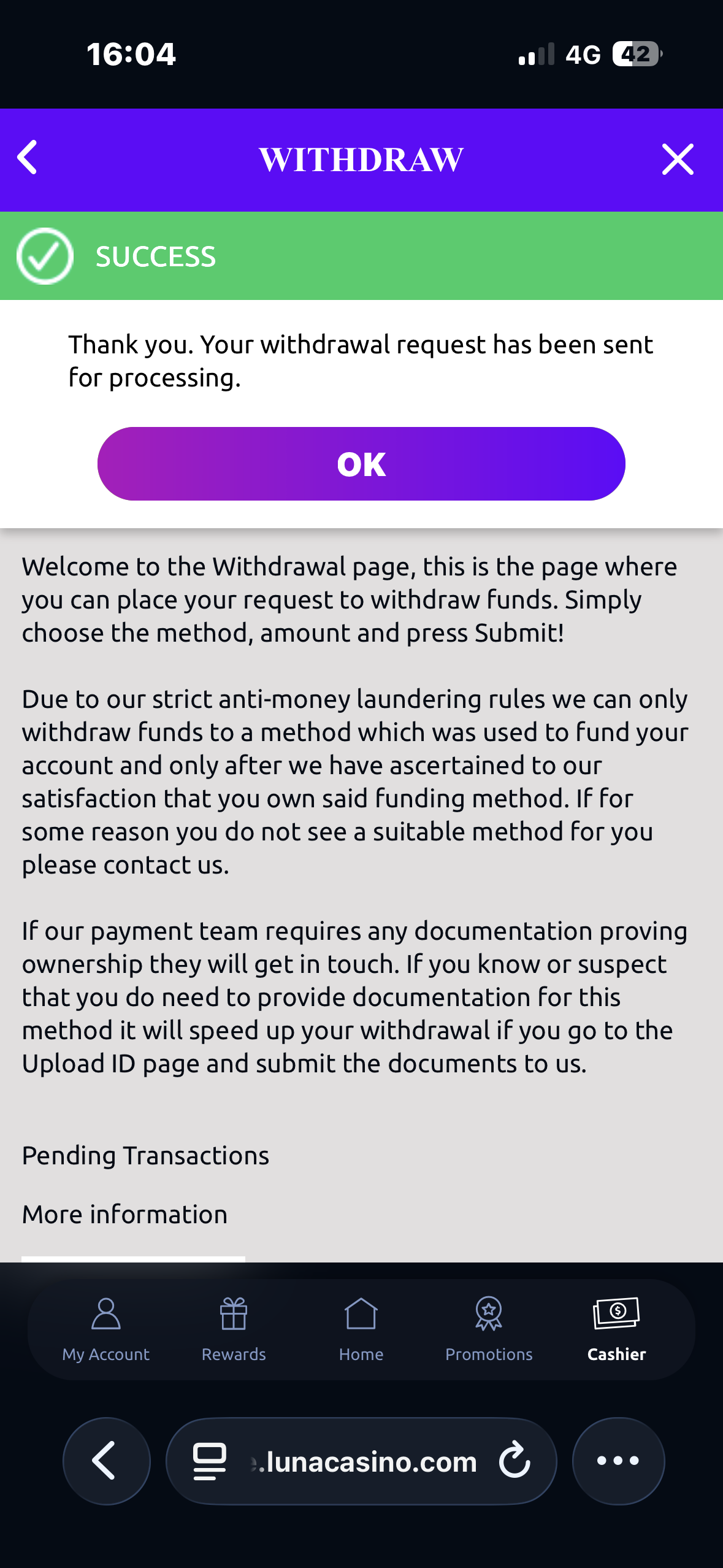 Luna Casino Visa withdrawal test request time