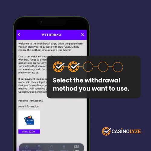 Choosing the withdrawal method at Luna Casino