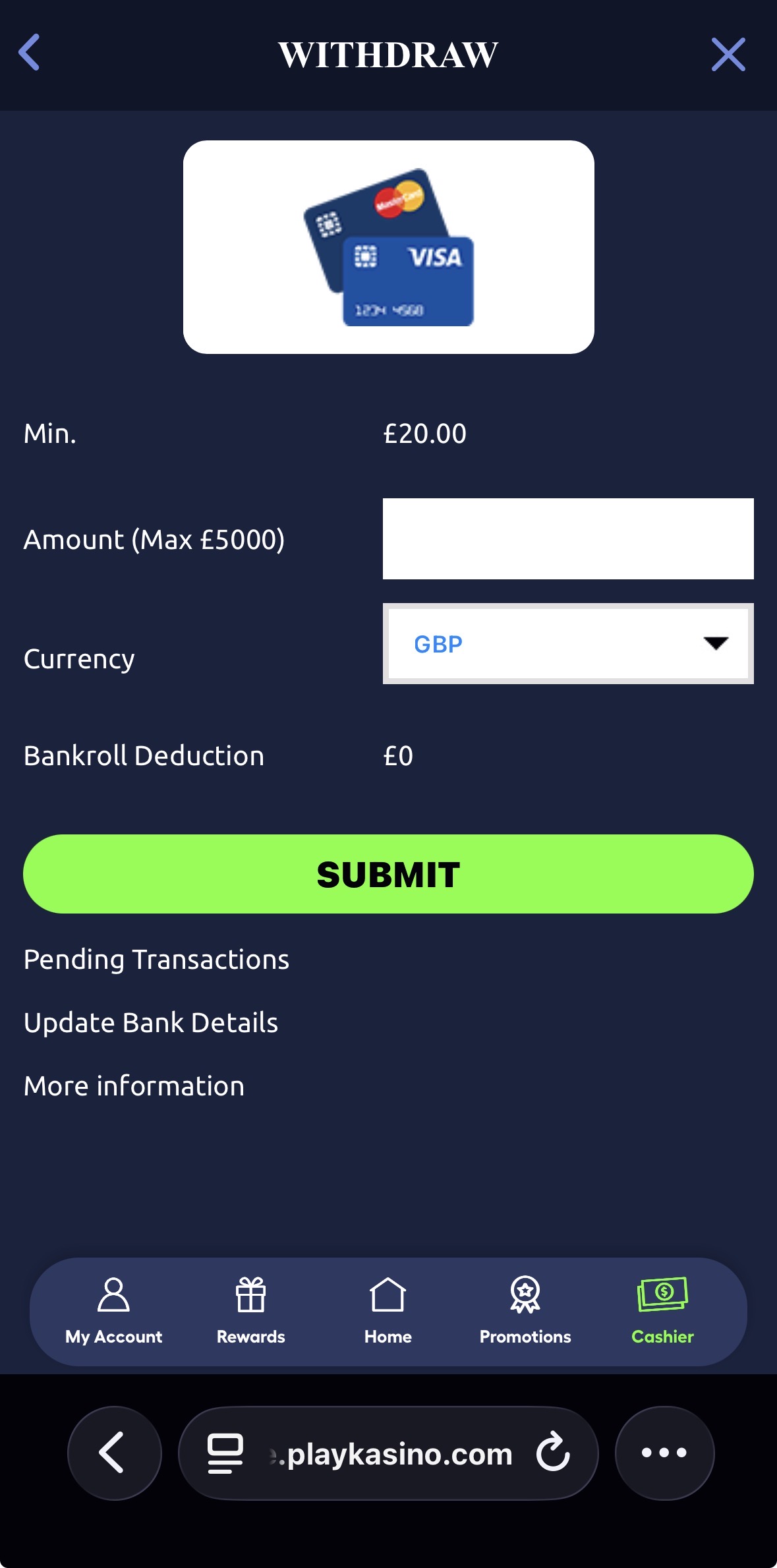 Play Kasino withdrawal section