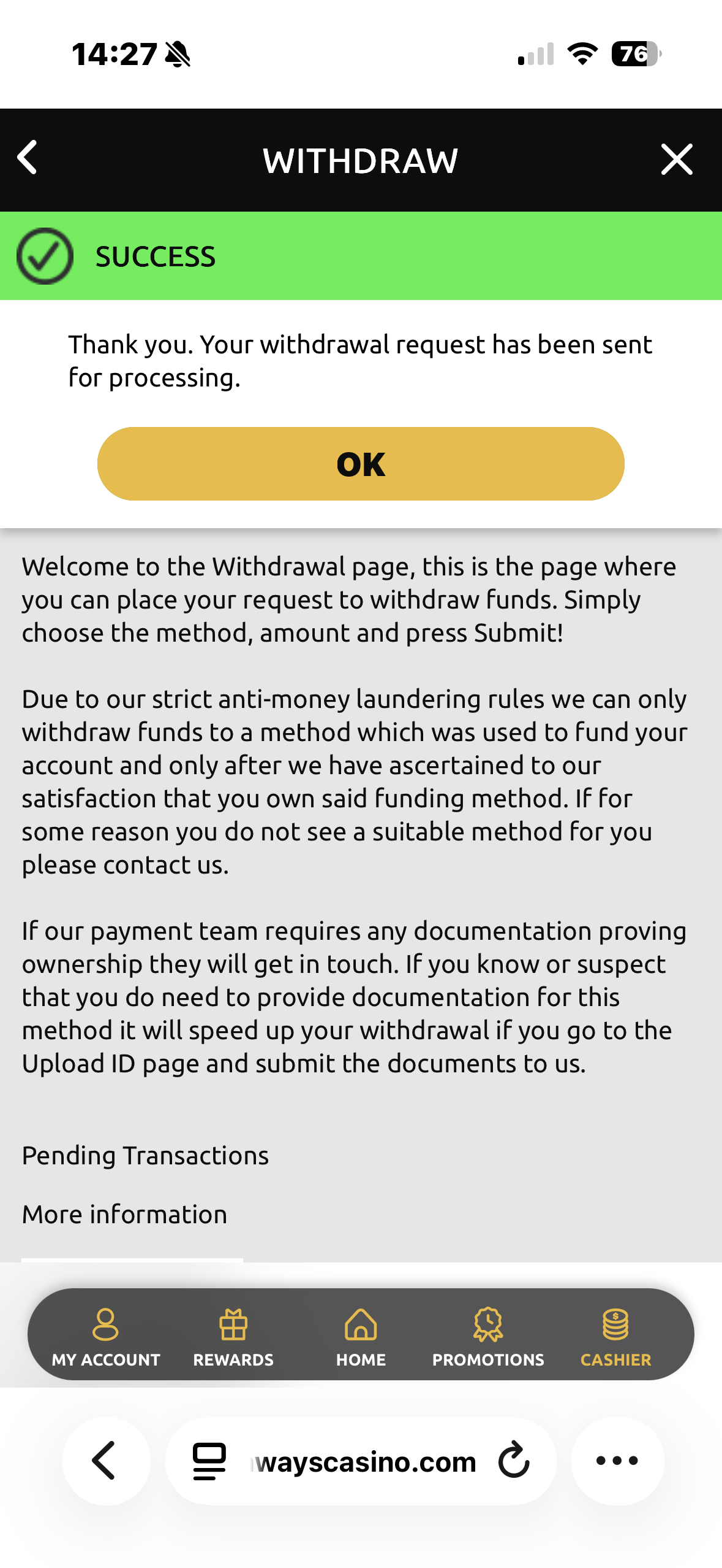 Megaways Casino withdrawal request