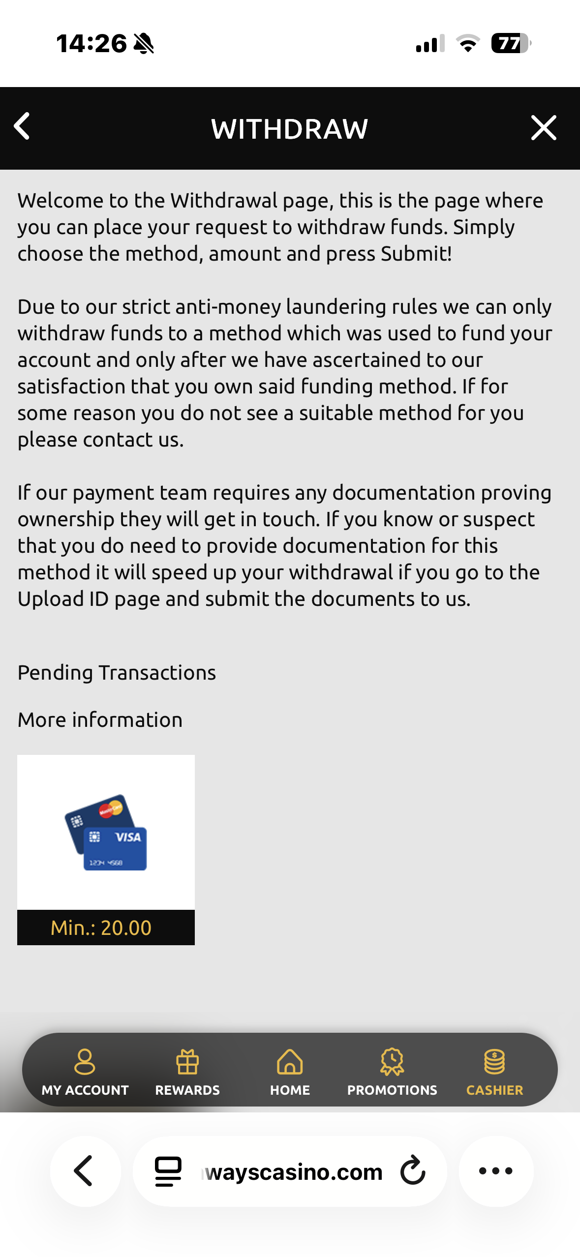 Megaways Casino withdrawal section