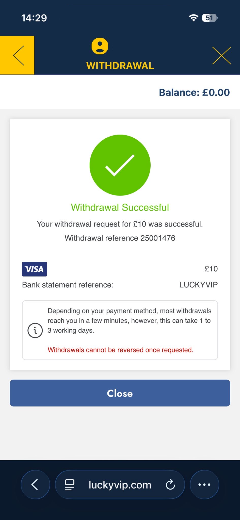 Visa withdrawal test request time at Lucky VIP