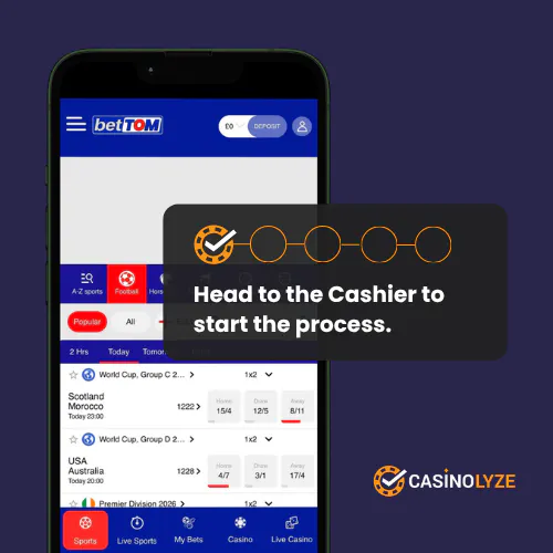 Finding the BetTom cashier to start the deposit process