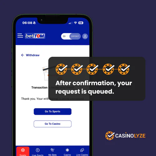 BetTom withdrawal request confirmation screen