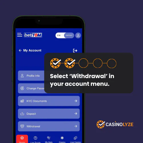 Selecting withdrawal in your account section at BetTom