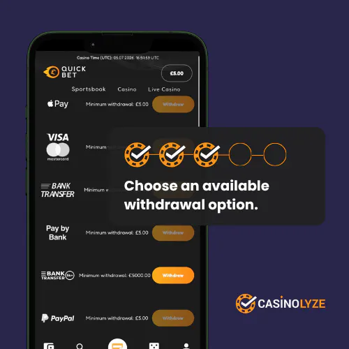 Selecting a withdrawal method at Quickbet
