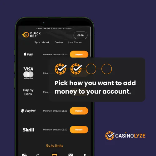 Selecting a deposit method at QuickBet