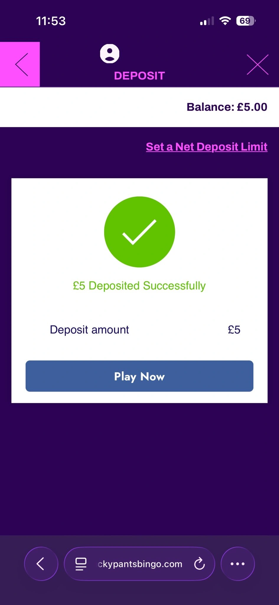 deposit confirmation screen at Lucky Pants Bingo
