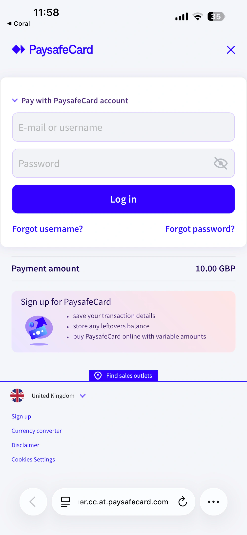 5 - Log in to your PaysafeCard account. 