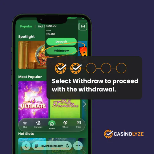 Selecting 'Withdraw' to continue with the Clover Casino withdrawal process