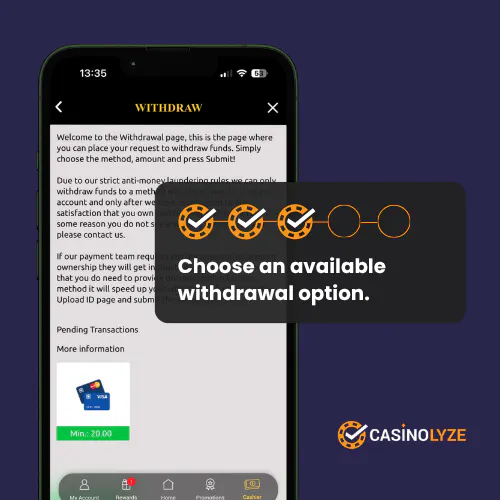 Selecting a withdrawal method at Mega Casino