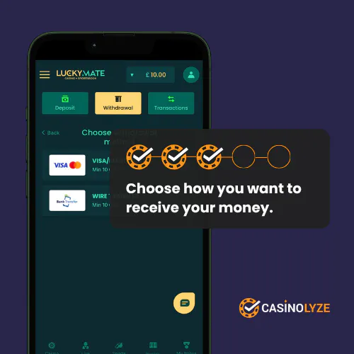 Selecting a withdrawal method at Lucky Mate