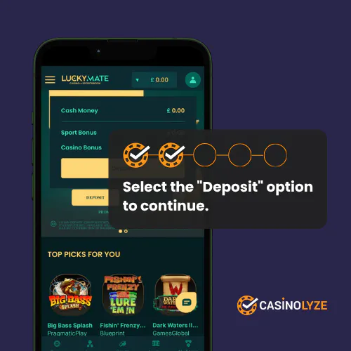 Tapping the deposit button at Lucky Mate