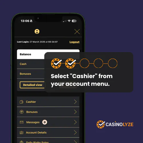 Finding the Cashier from the account menu at Rialto Casino