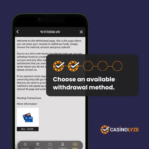 Selecting a withdrawal method at 44Aces