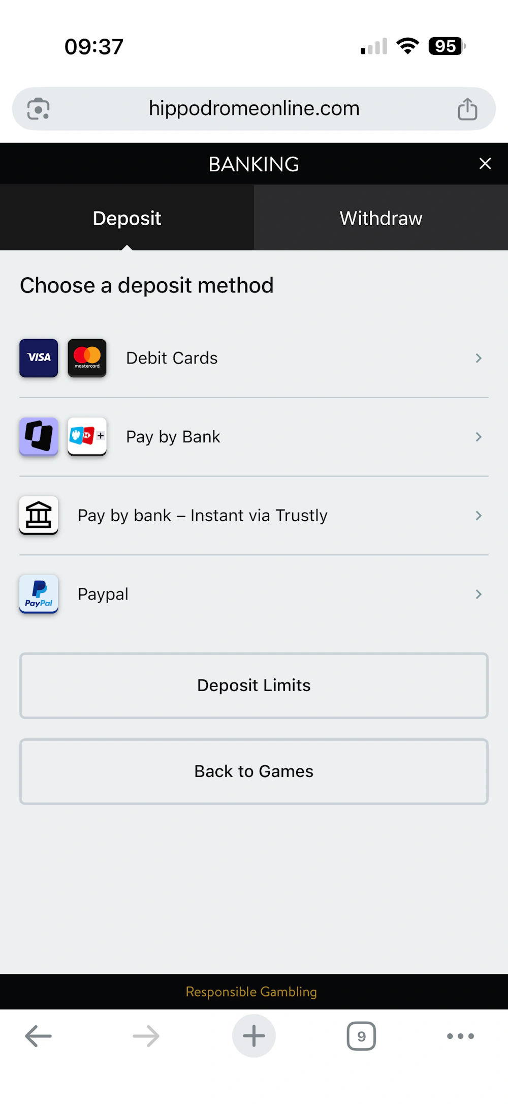 Deposit screen at Hippodrome online casino