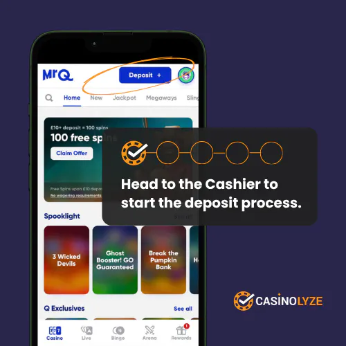 Home page and deposit button at MrQ