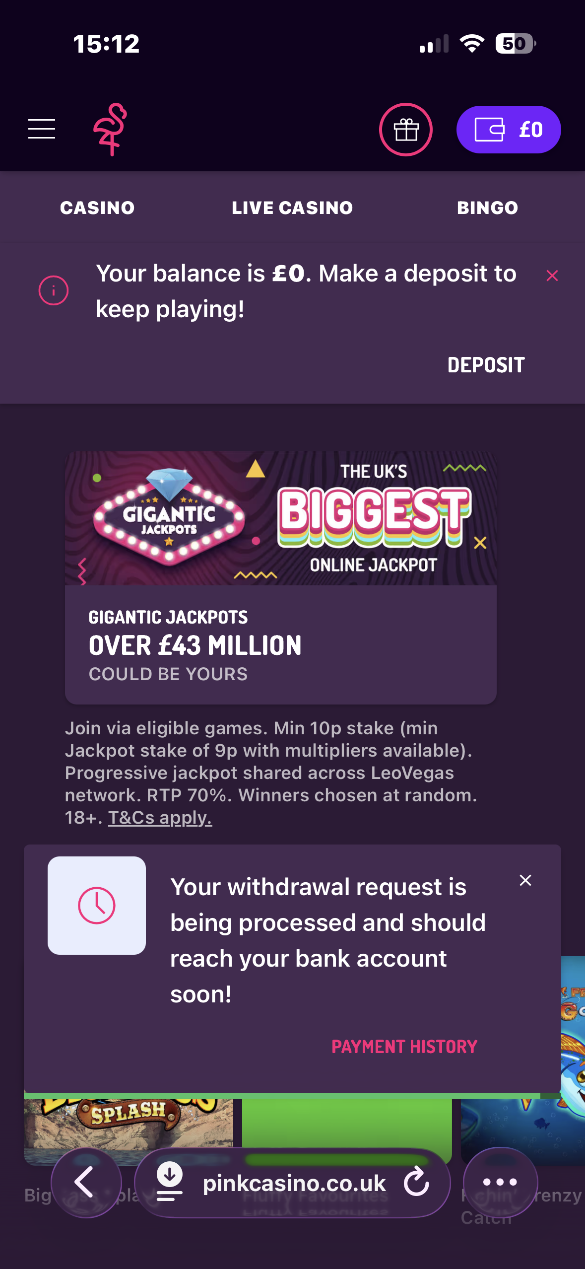 Pink Casino Visa withdrawal test request