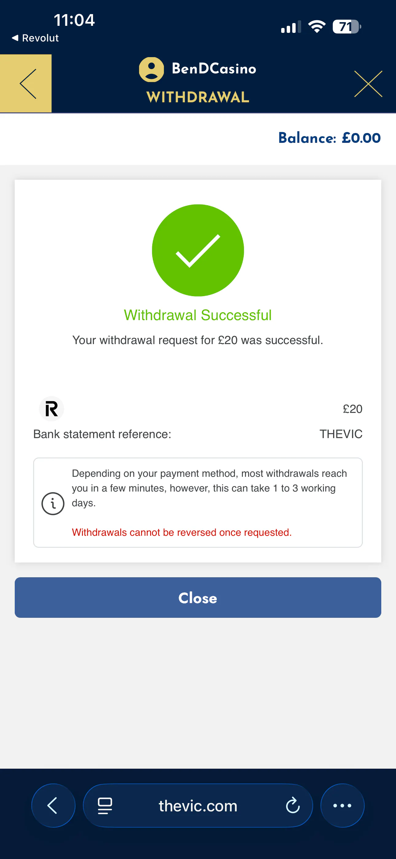 bank transfer withdrawal time test request time at The Vic