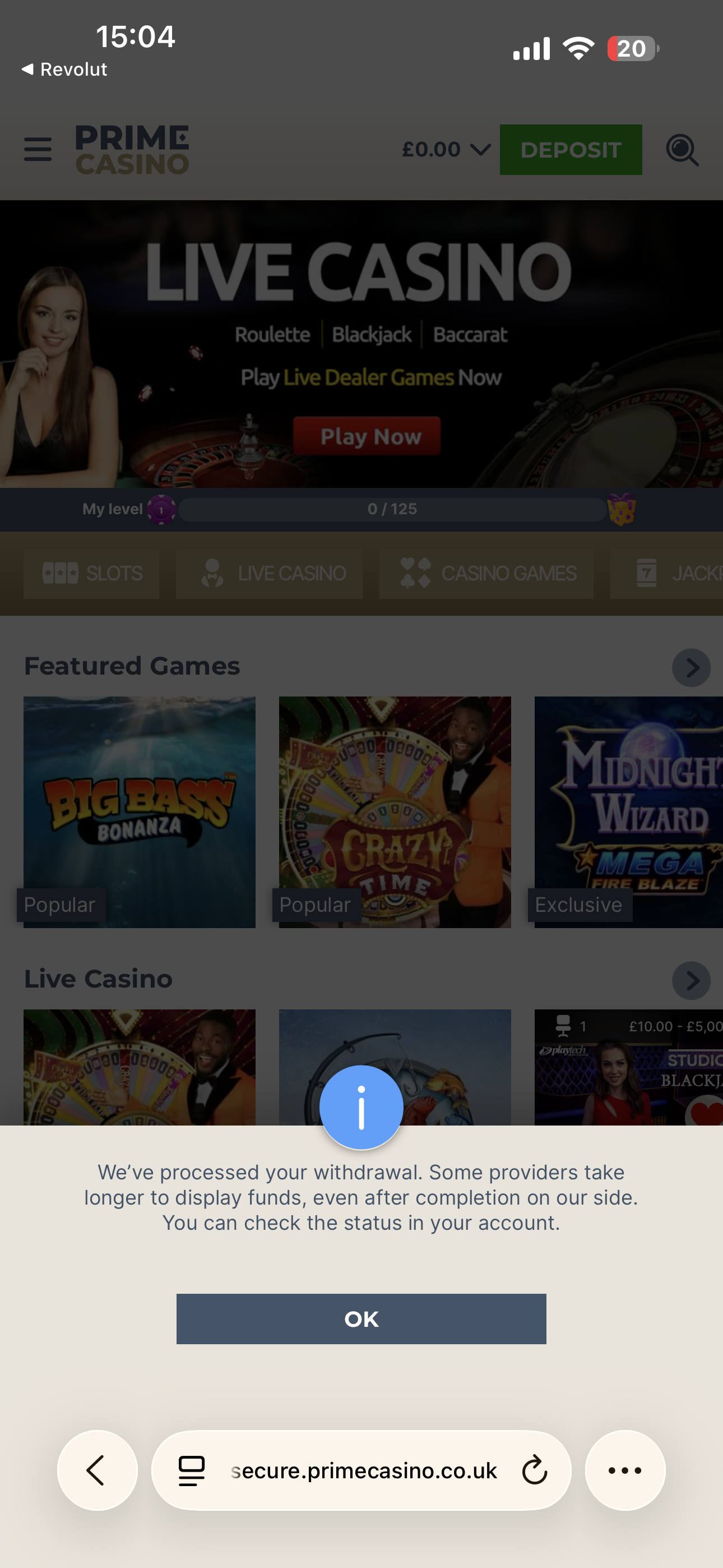 Trustly withdrawal test request at Prime Casino